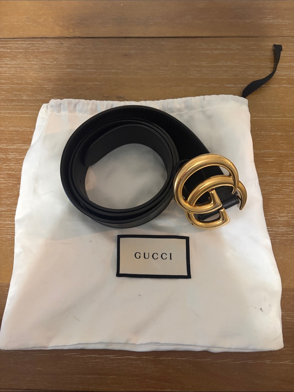 Gucci Black Leather Belt with Gold Double G Interlocking Buckle
